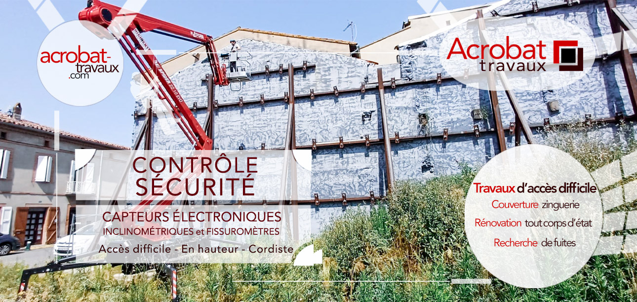 Acrobat Travaux intervient sur les ouvrages en hauteur, pont, bâtiment, structure où les accès peuvent être difficiles pour la dépose de capteurs inclinométriques et fissuromètres électroniques sur des bâtiments ou des édifices publics et privés sur la région toulousaine, au centre ville et dans les zones industrielles