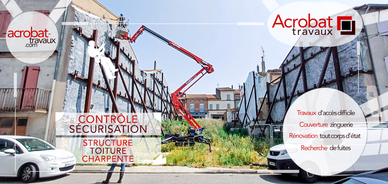 Acrobat Travaux intervient sur les ouvrages en hauteur, pont, bâtiment, structure où les accès peuvent être difficiles, sur des bâtiments ou des édifices publics et privés sur la région toulousaine, au centre ville et dans les zones industrielles